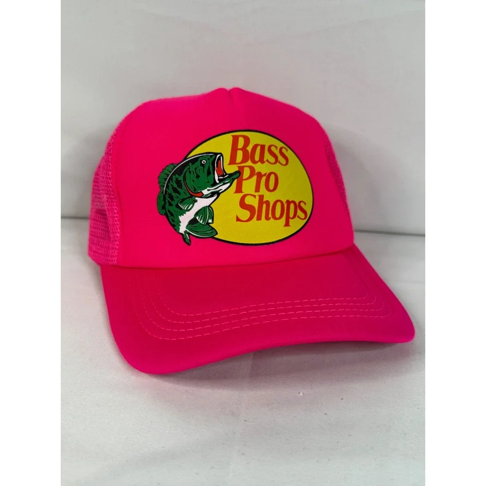 Neon Pink Foam Trucker Hat w/ Bass Pro Style Fish Logo Snapback Cap